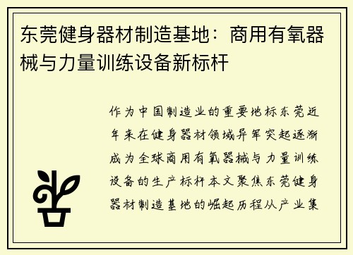 东莞健身器材制造基地：商用有氧器械与力量训练设备新标杆